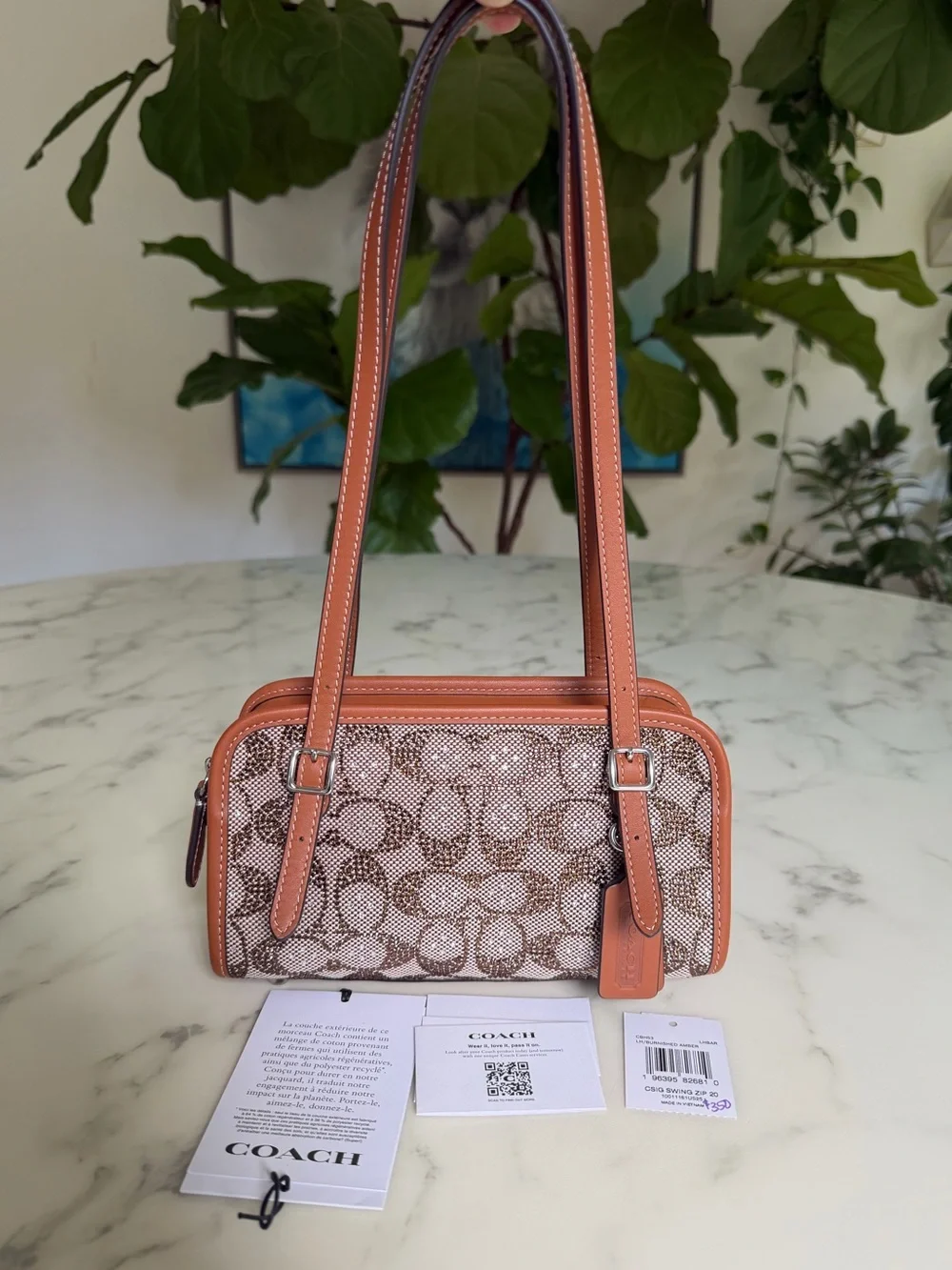 NWOT Coach Swing Zip Bag 20 In Crystal Signature Jacquard CBH53 Burnished Amber
